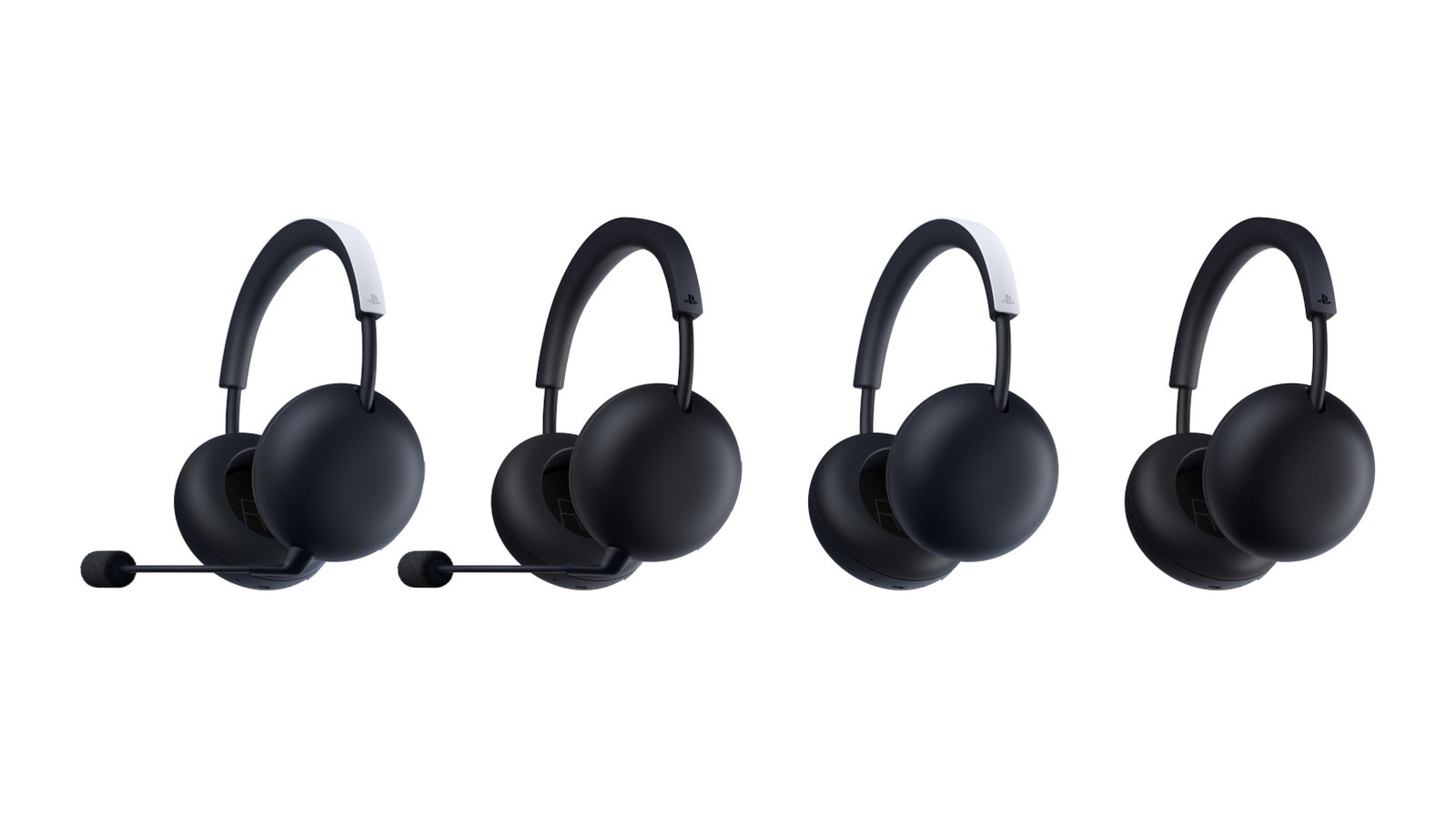 Four black-and-white PlayStation wireless headsets with attached boom microphones arranged against a white background.