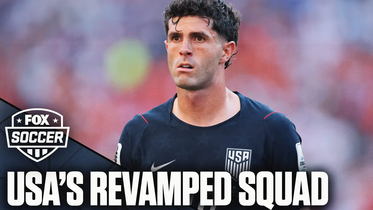 Soccer player in USA jersey standing against a blurred stadium background with Fox Soccer graphic