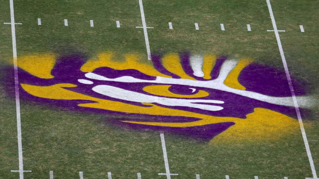 Purple and gold tiger head logo painted across a football field between white yard lines.