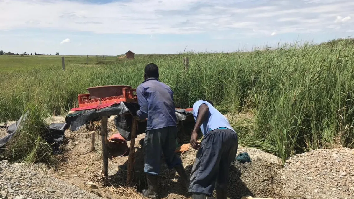 Two people work beside a makeshift table in a grassy field, with mining equipment nearby.