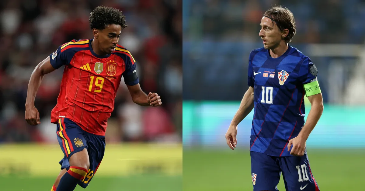 Spain player in a red number 19 shirt beside Croatia player in blue number 10 shirt.