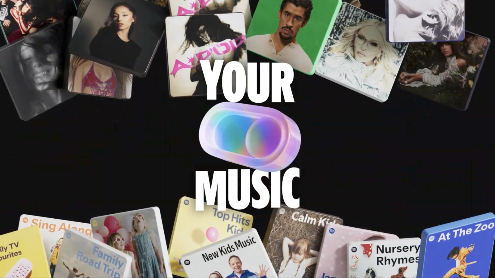 Spotify-themed graphic with adult portraits, colorful music cards, and children’s playlist tiles surrounding “YOUR MUSIC.”