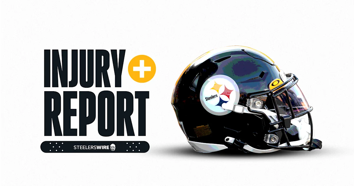 Steelers helmet beside a bold Injury Report graphic on a white background.
