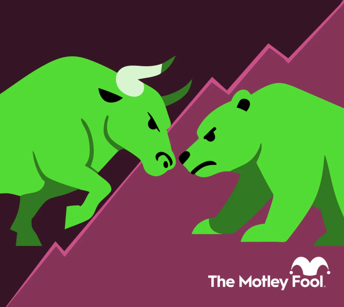 Two green bulls clash across a rising stock chart against a dark background.