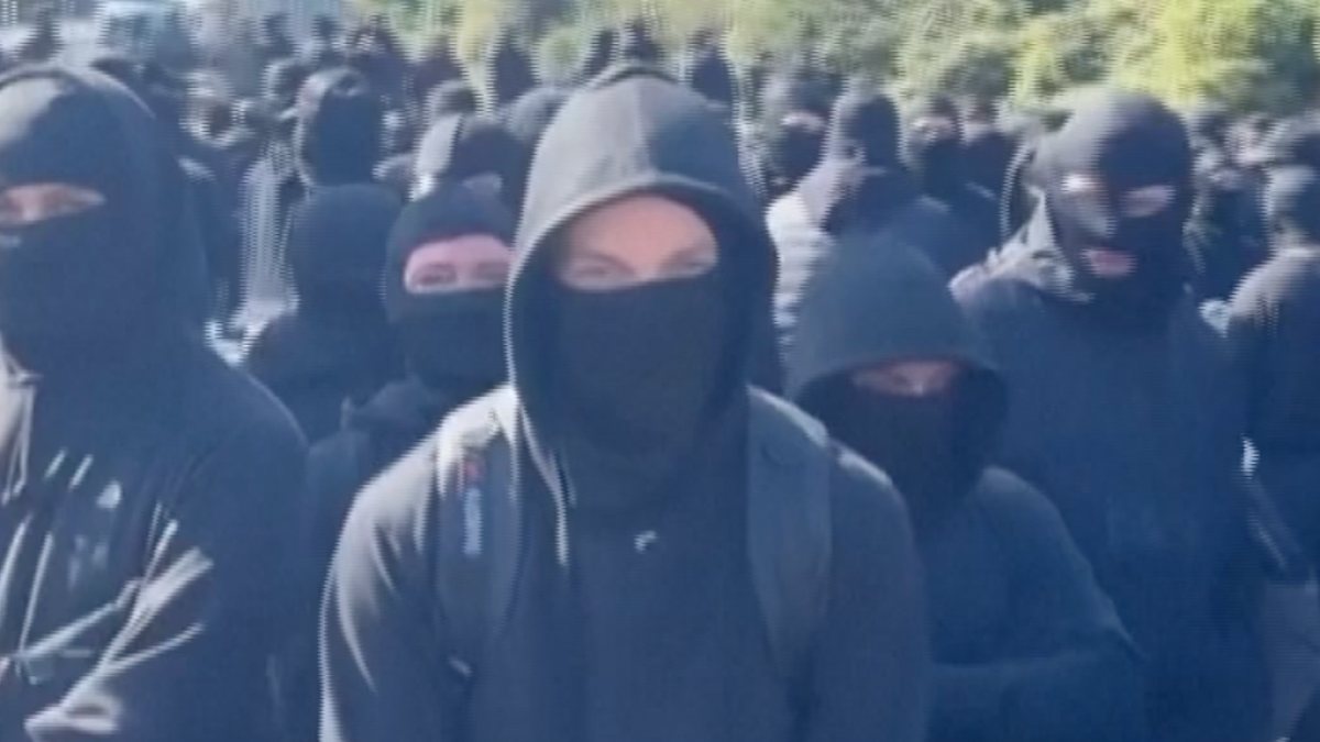 Crowd of masked protesters gathered outdoors, with one hooded person standing in the foreground