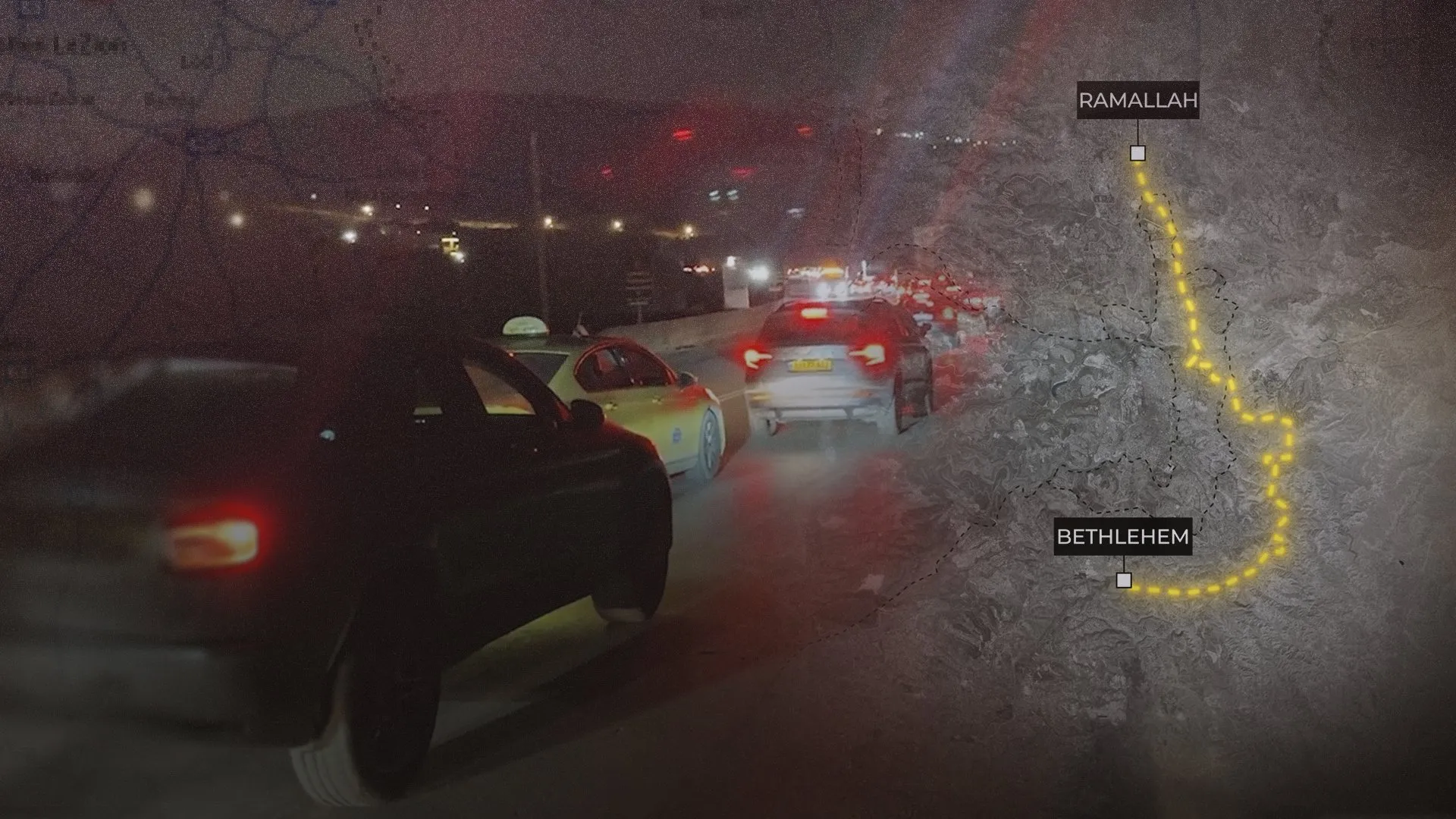 Nighttime traffic queues beside a map graphic marking a yellow route between Ramallah and Bethlehem.