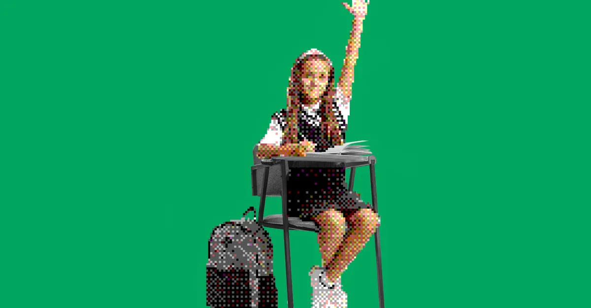 Pixelated student seated at a desk raises one hand beside a backpack
