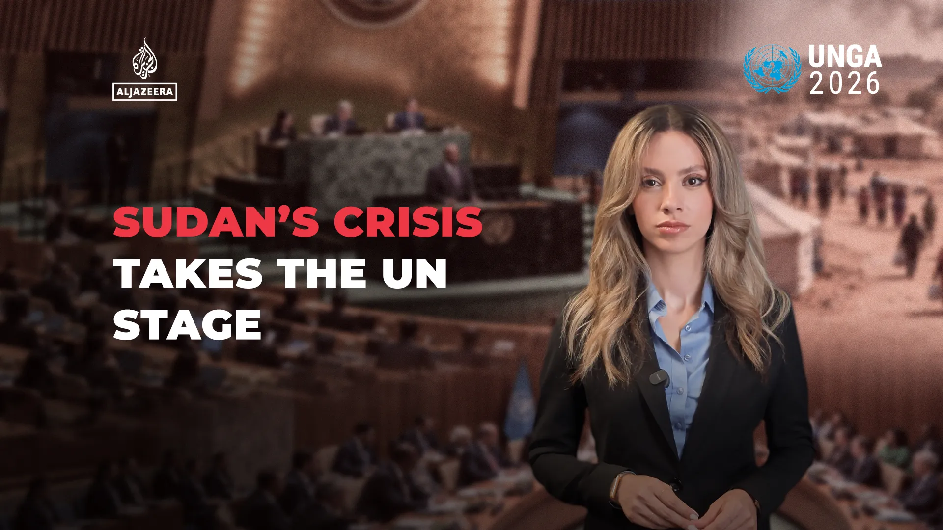 A female presenter stands before a blurred assembly hall beside the headline “Sudan’s crisis takes the UN stage.”