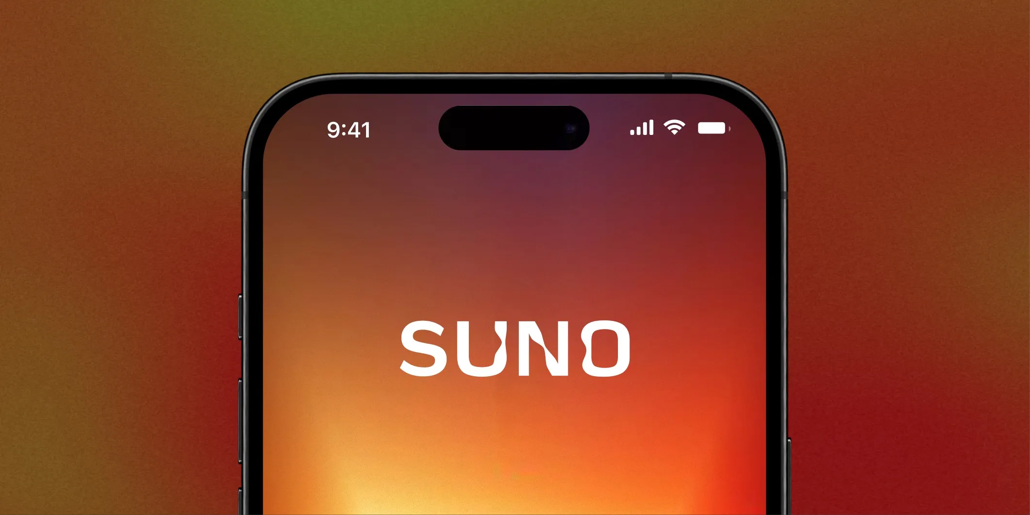 Close-up of a smartphone displaying the white Suno logo against a warm red-orange gradient