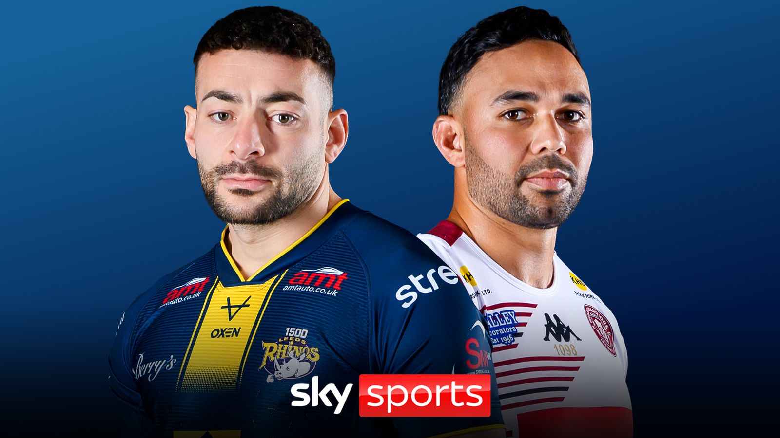 Two rugby league players in Leeds Rhinos and Wigan Warriors jerseys posed against a blue background.