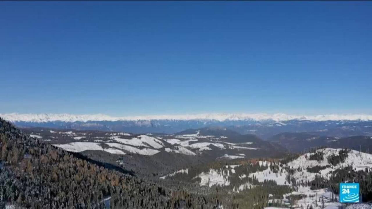 Snow-covered mountain landscape with forested slopes beneath a clear blue sky