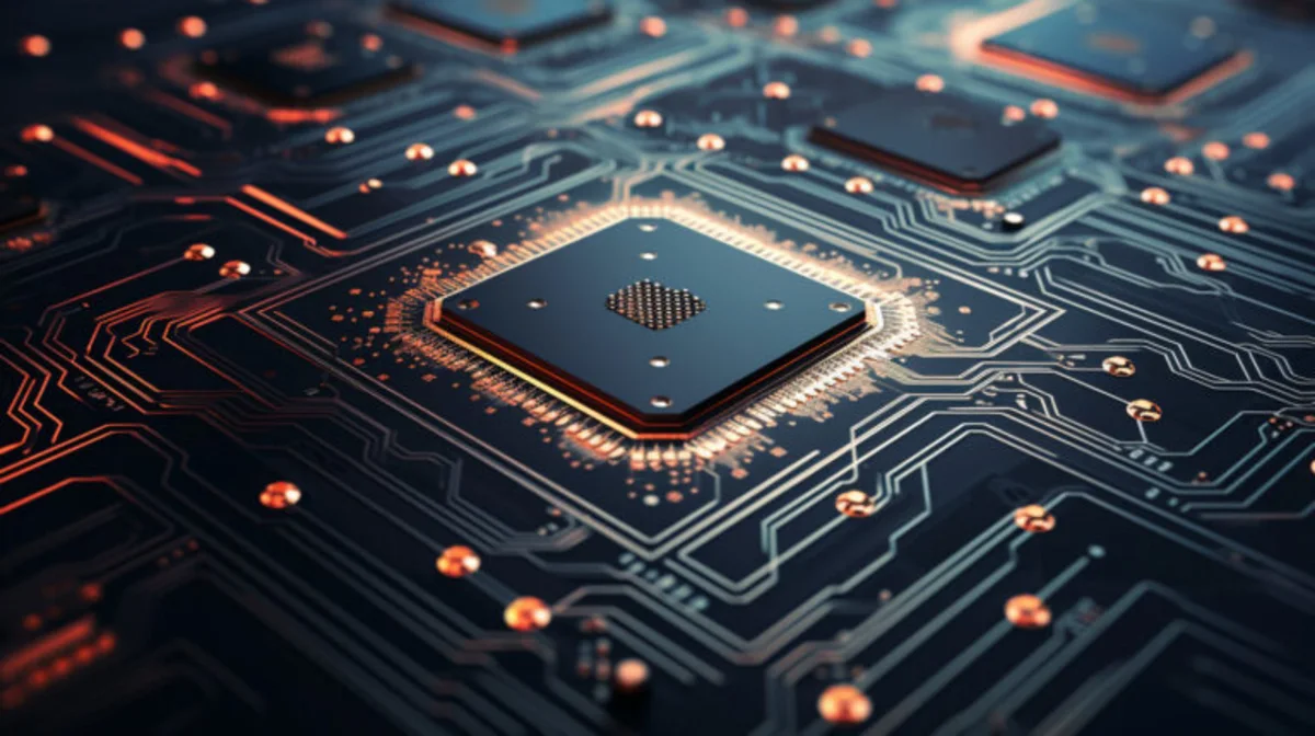 Close-up of a semiconductor chip mounted on a circuit board with glowing copper traces