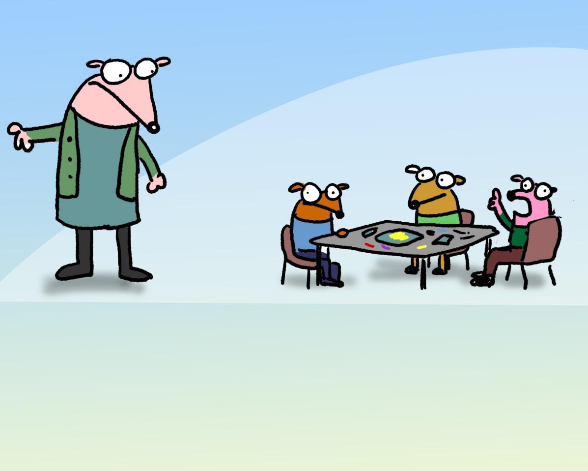 Cartoon teacher gestures toward three students seated around a table during a classroom activity.