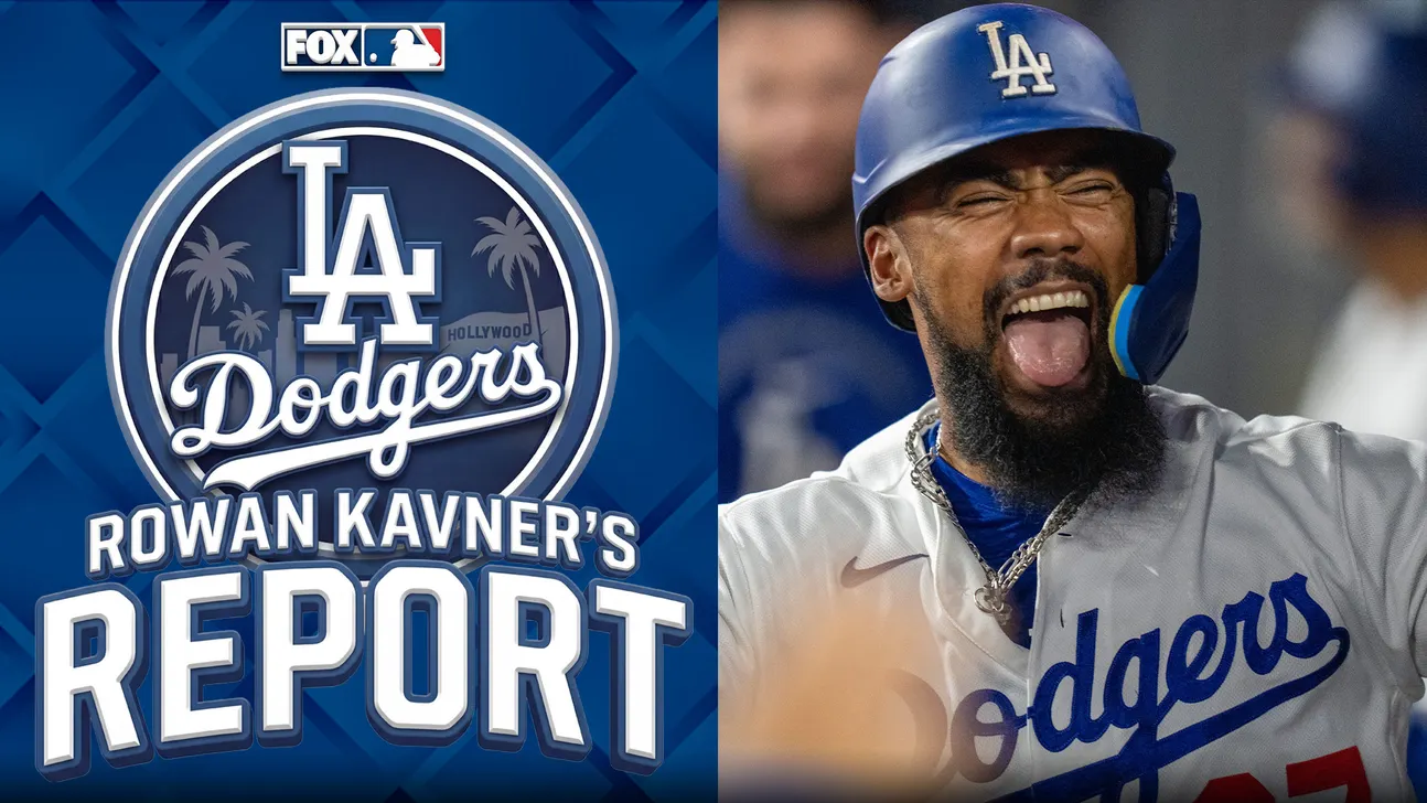 Dodgers player celebrating beside a Los Angeles Dodgers logo and Rowan Kavner’s Report graphic