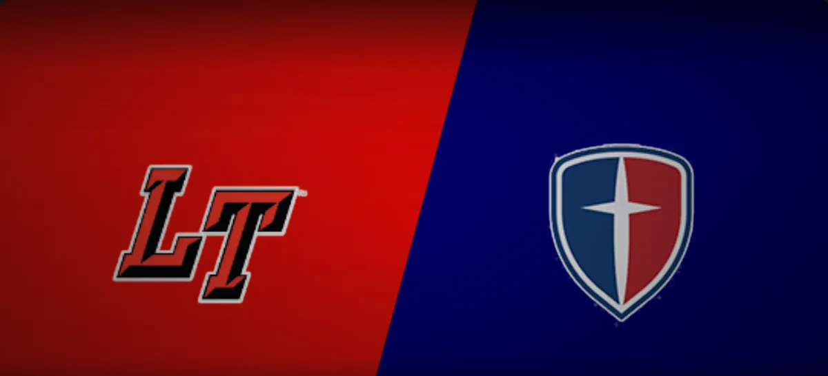 Split graphic showing Lake Travis and Cornerstone Christian football team logos on red and blue backgrounds.