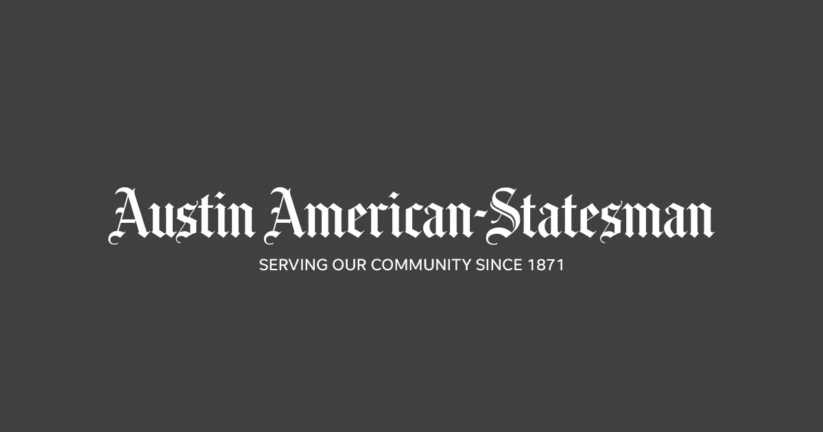 Austin American-Statesman logo in white on a dark gray background with a community service tagline
