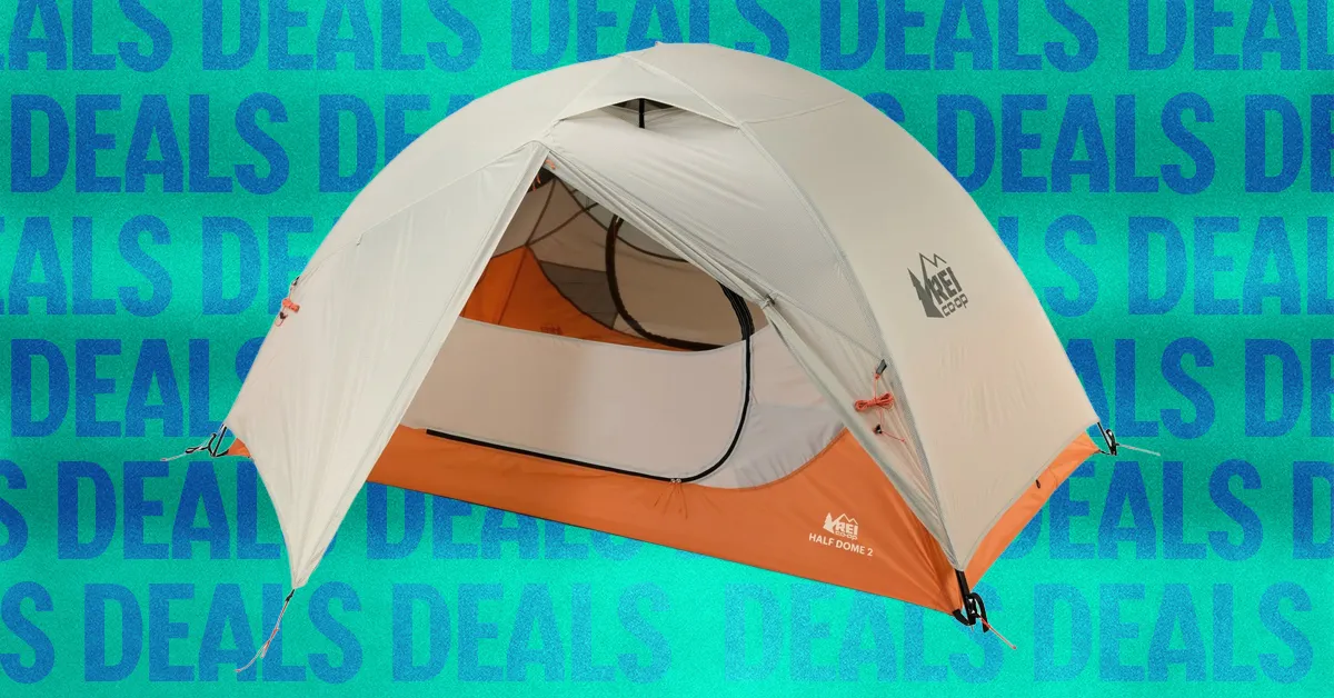 White and orange two-person tent displayed against a teal background with repeated blue “DEALS” text