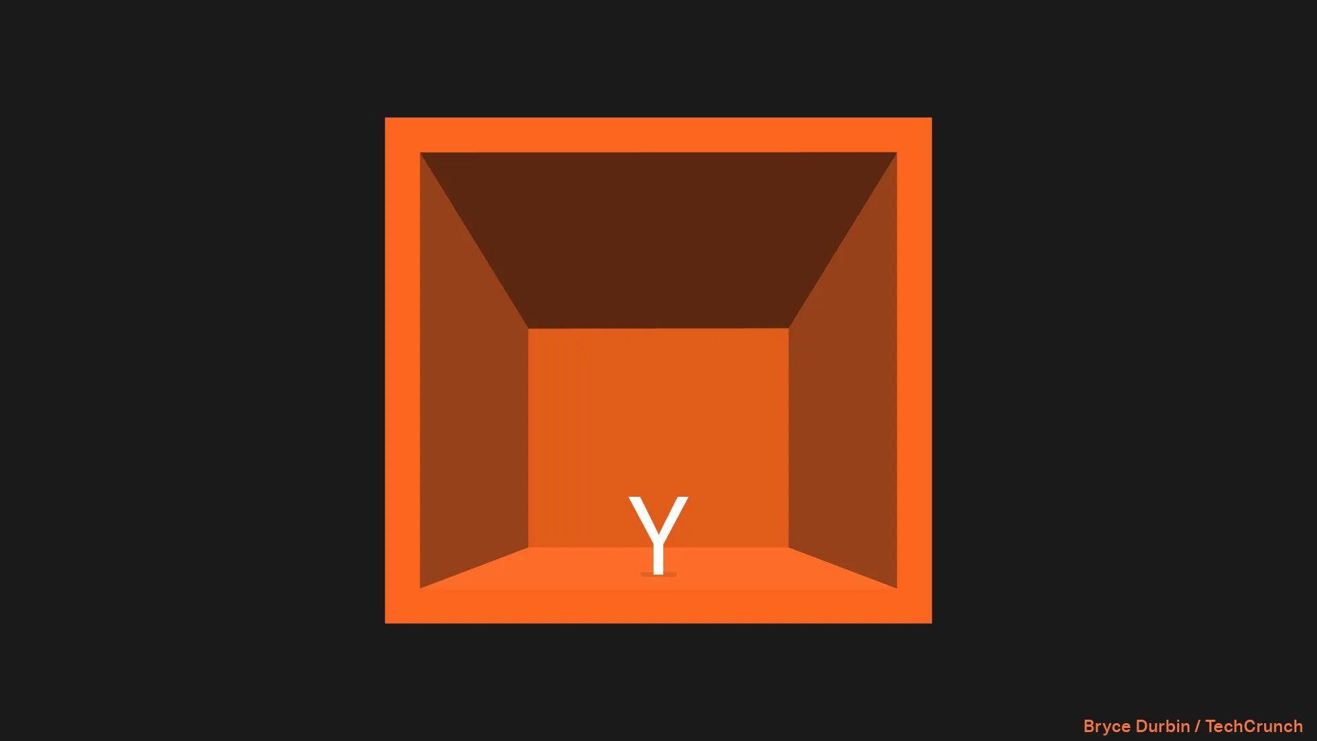 Stylized orange 3D room with a white Y centered against a dark background
