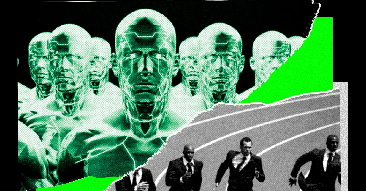 Green-tinted collage of repeated mannequin-like faces behind suited figures running on a curved track.