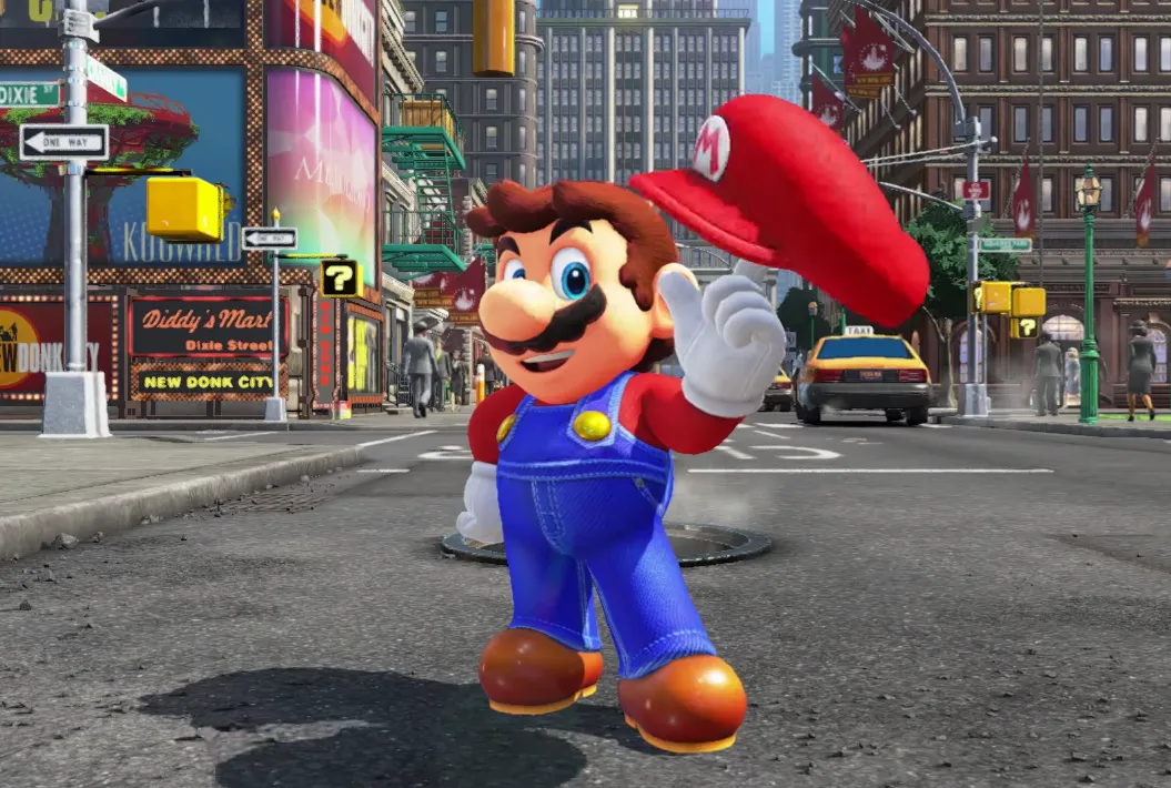 Mario character standing on a city street, raising one gloved hand beneath his red cap.