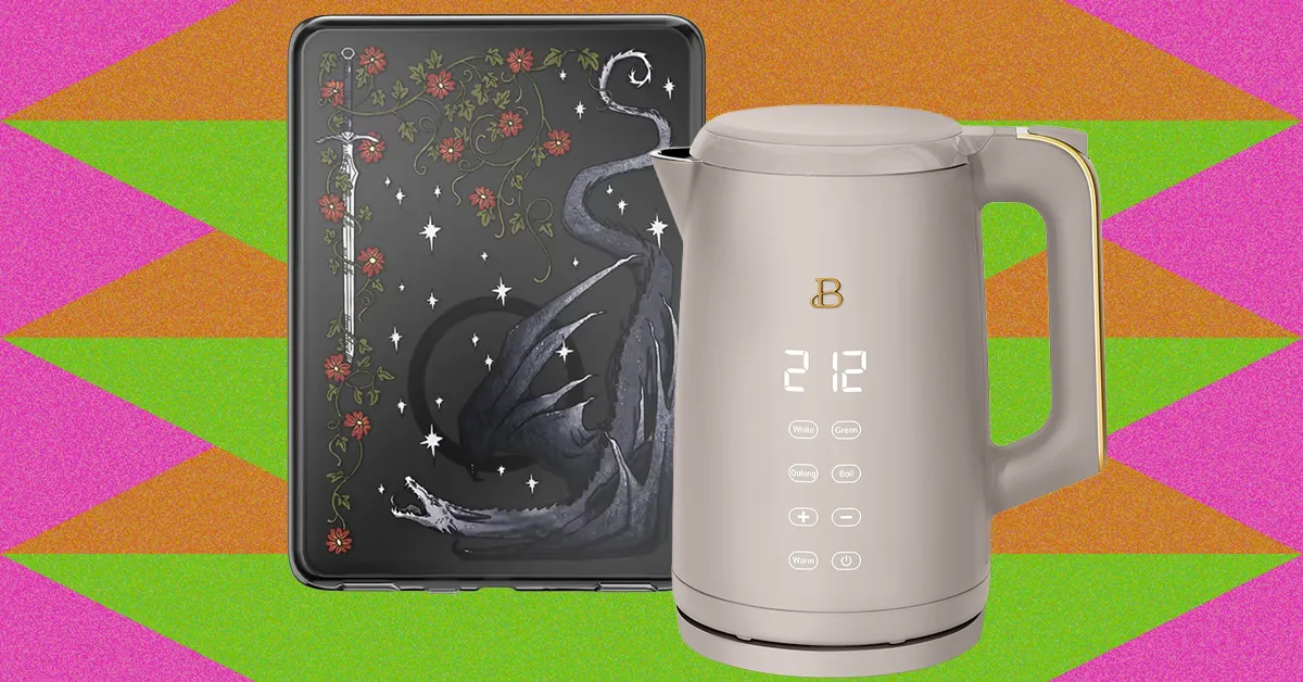 A temperature-control electric kettle stands beside an illustrated dark book against a colorful geometric background.