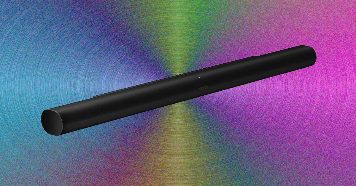 Black Sonos soundbar displayed diagonally against a colorful, textured circular background