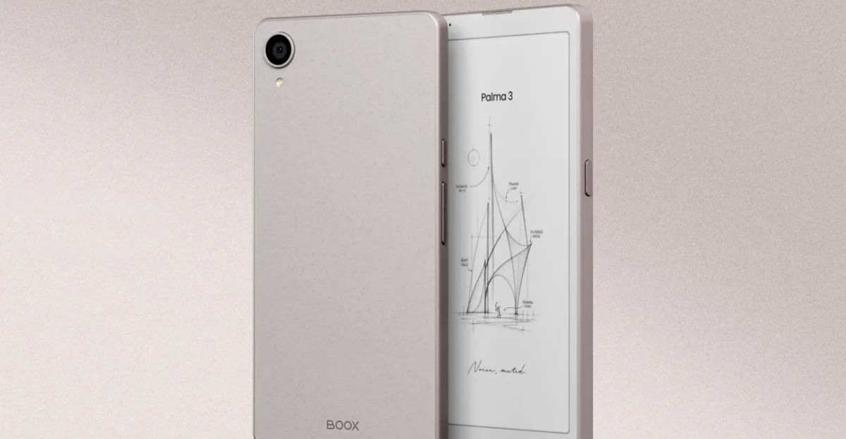 White Boox Palma device showing rear camera beside an e-reader displaying a design sketch.