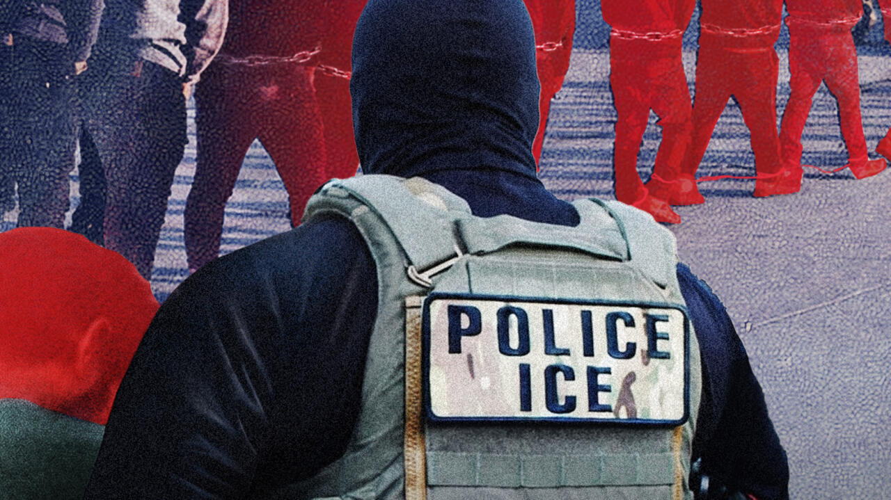 Illustration showing an ICE officer in a vest surrounded by silhouetted people in red and dark clothing.