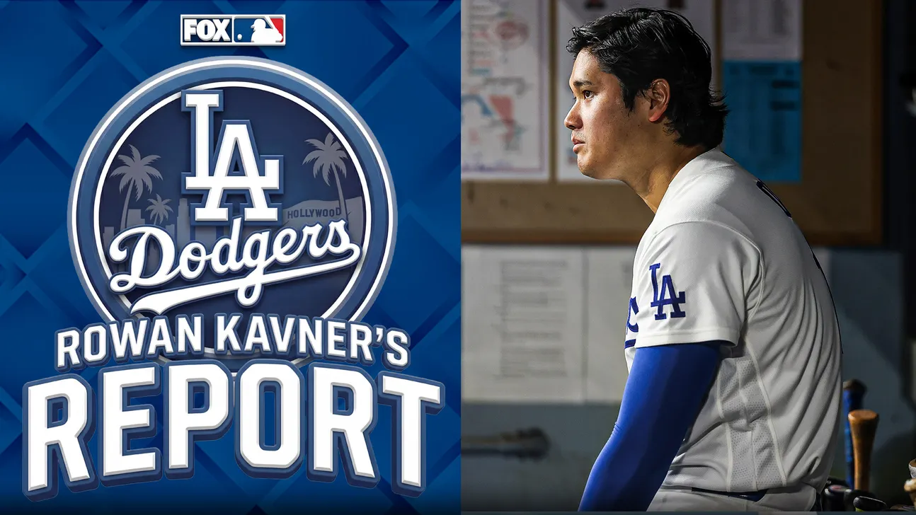 Dodgers logo beside a baseball player in uniform seated in a dugout