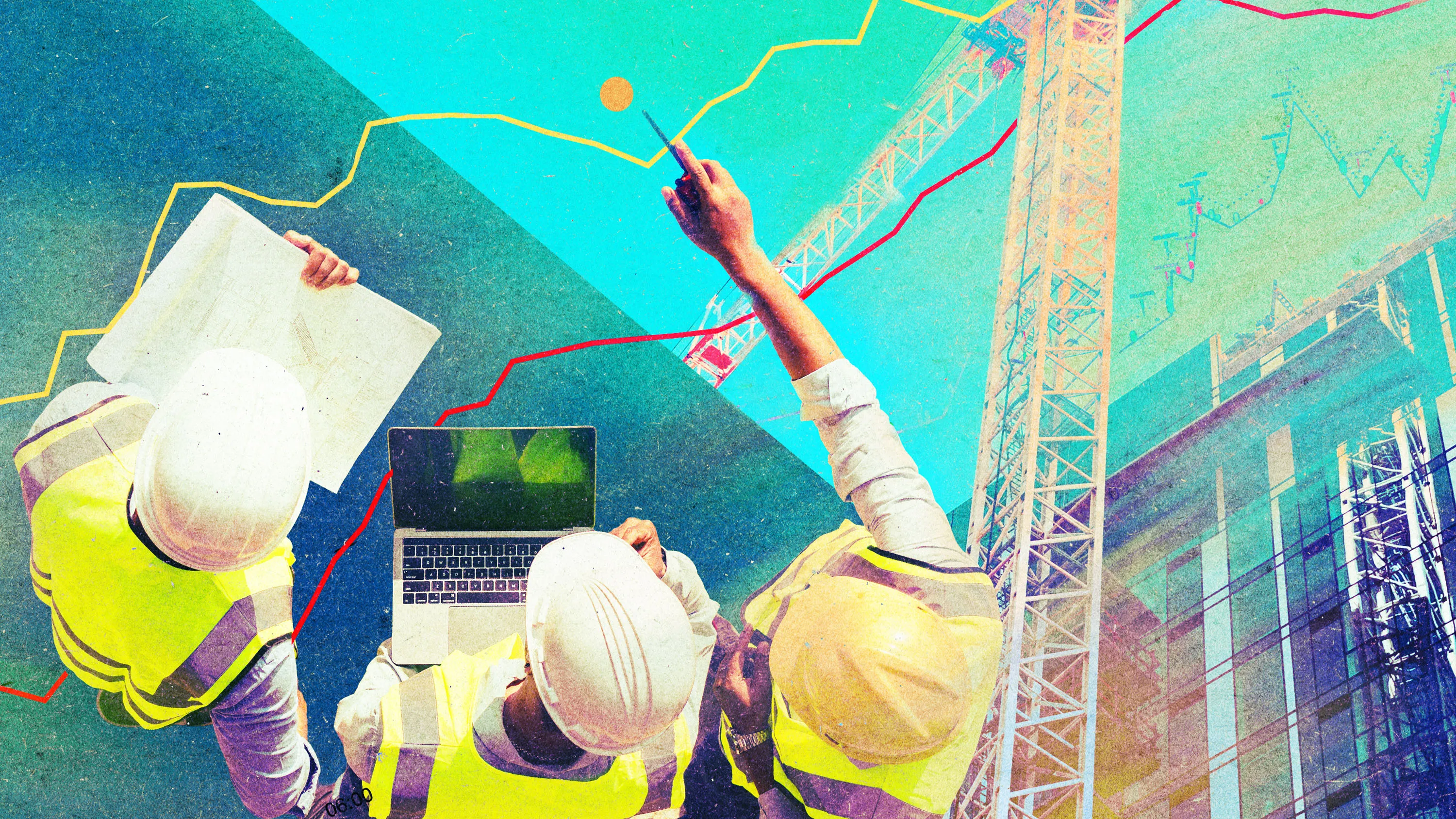 Construction workers with laptop beside a crane, overlaid with colorful financial and data charts