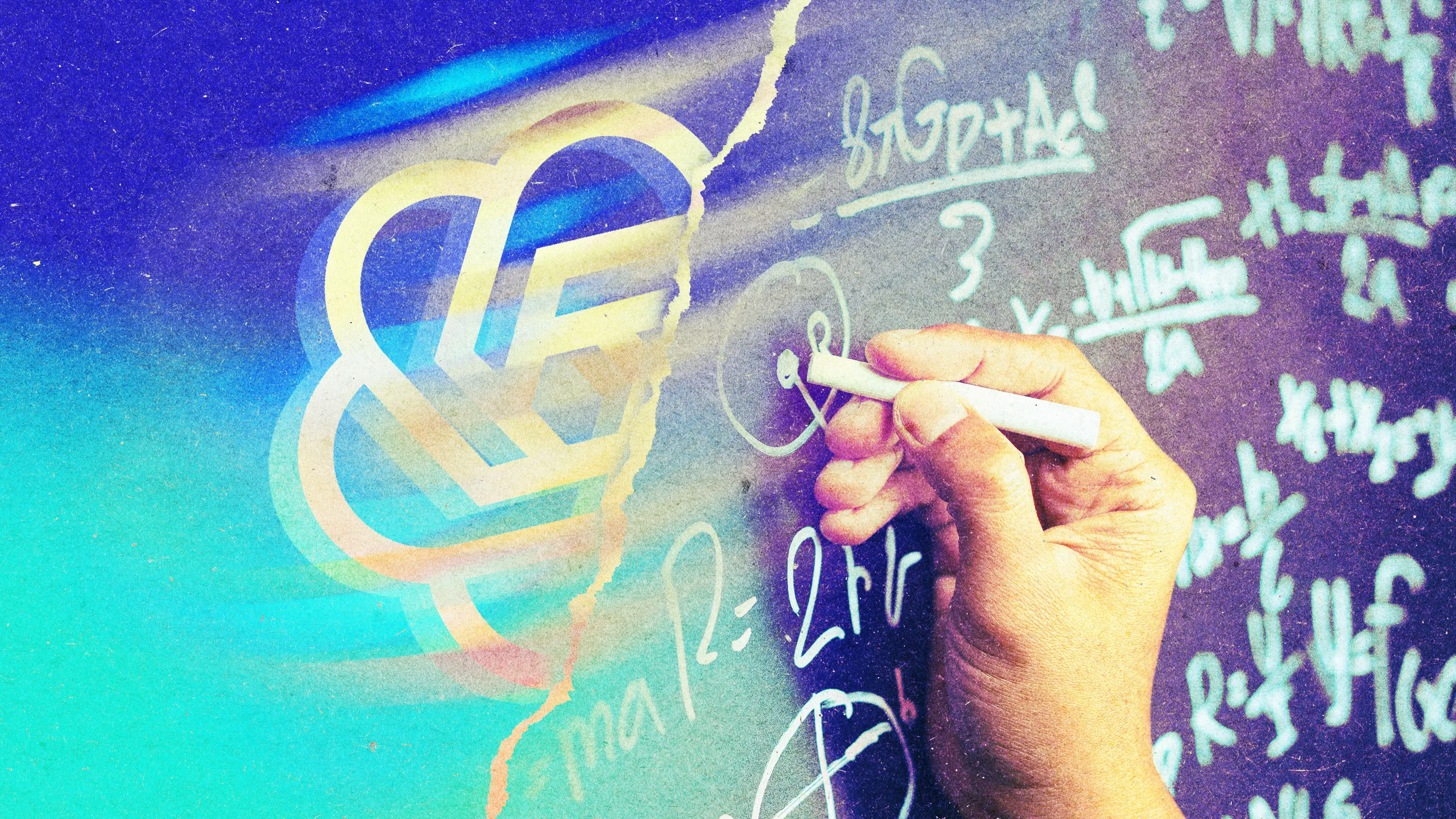 Hand writing equations on a chalkboard beside a stylized OpenAI logo