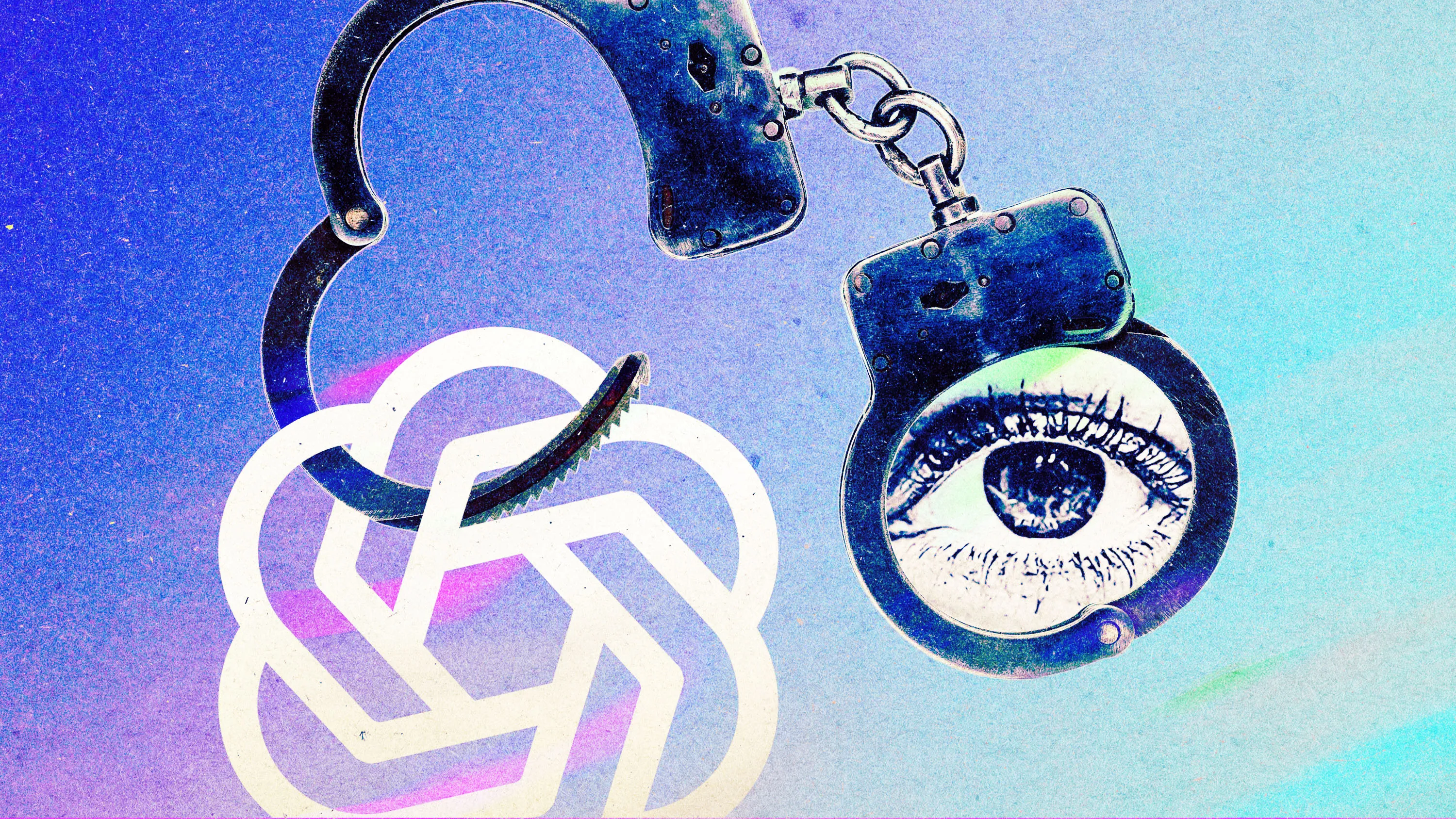 Illustrated handcuffs, one fitted with an eye, overlap an abstract white AI-style logo on a blue gradient background.