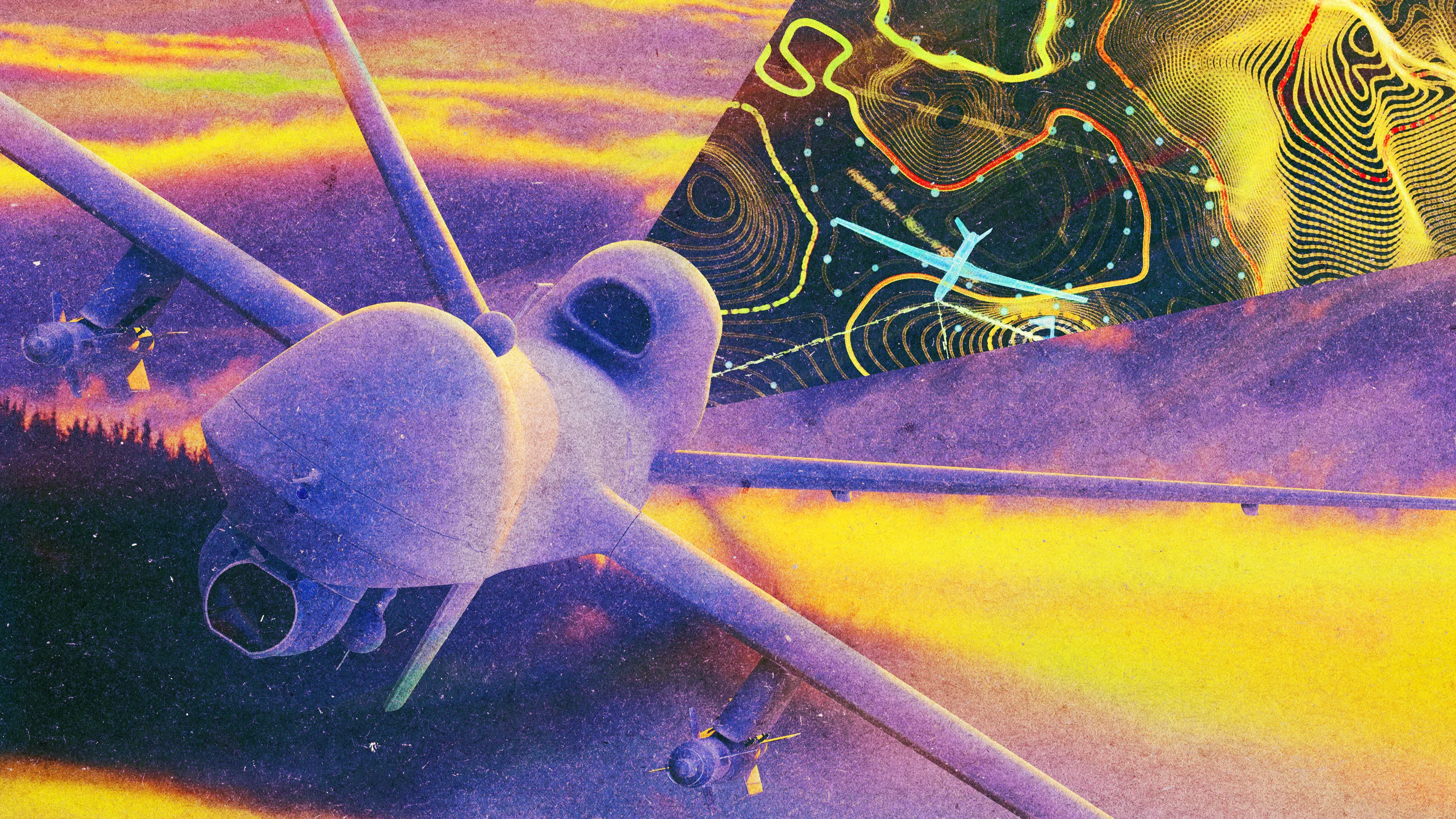 Stylized collage featuring a drone over a vivid purple-and-yellow landscape beside a topographic map