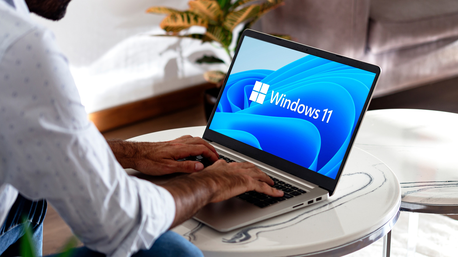 Person typing on a laptop displaying the Windows 11 logo at a round table