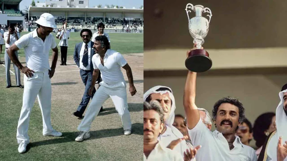 Split image showing cricketers on a field and a man raising a trophy among spectators