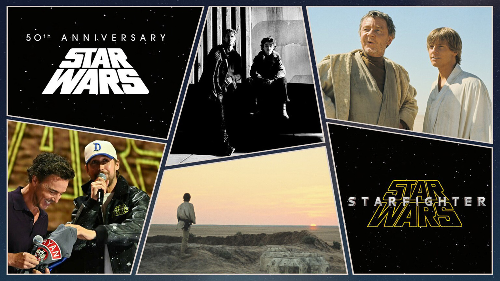 Collage featuring Star Wars logos, film stills, desert imagery, and two men speaking at an event