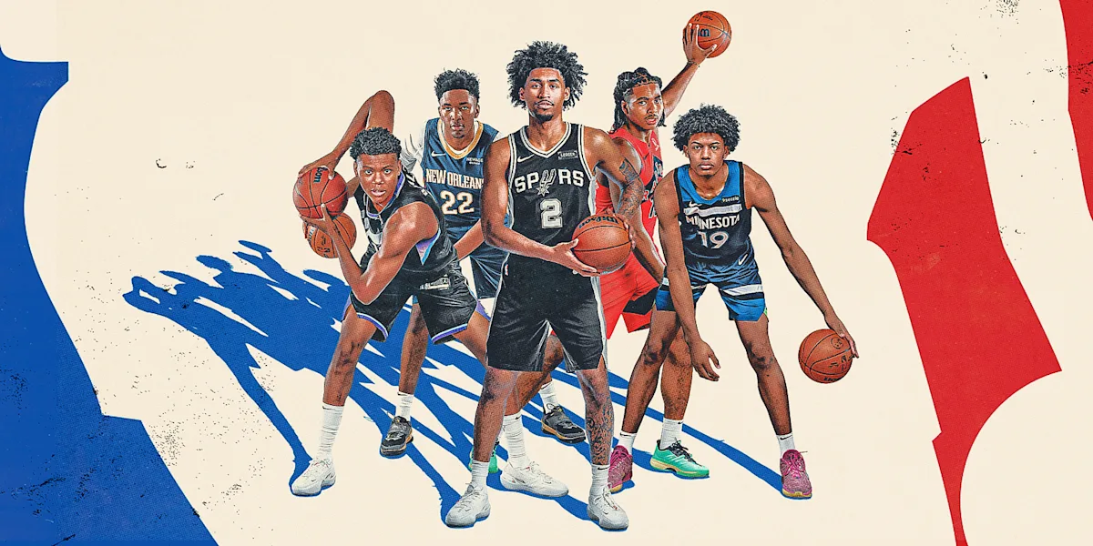 Illustration of five young basketball players in NBA uniforms holding basketballs against a red, blue and cream background.