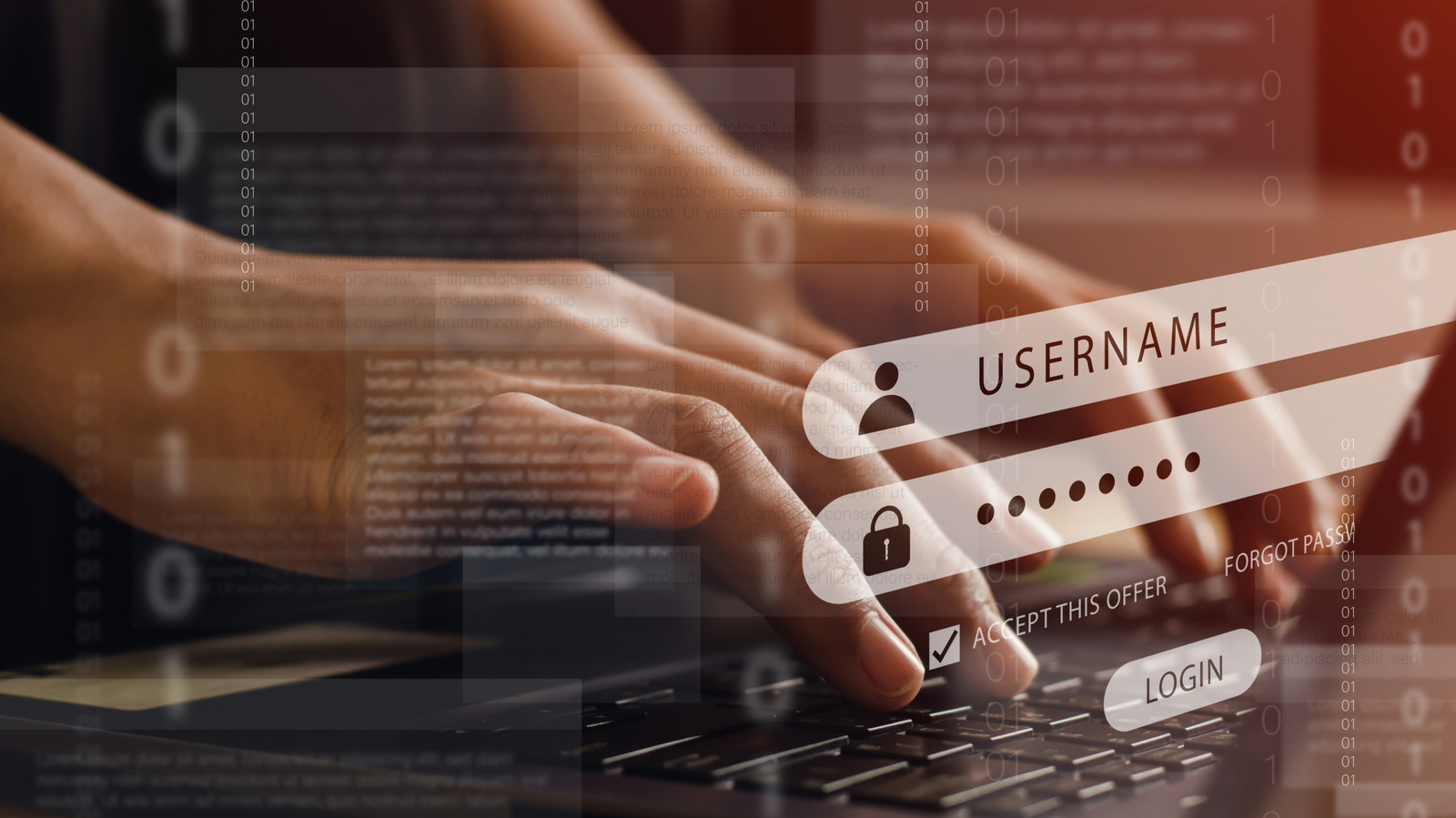 Hand reaches toward a keyboard beneath a translucent login screen with username, password, and login fields.