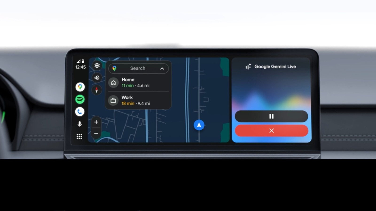 Car dashboard display showing Google Maps alongside a Google Gemini Live interface