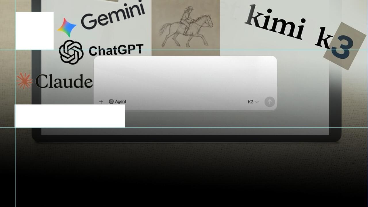 Tablet screen featuring Gemini, ChatGPT, Claude, Kimi, and a K3 interface among sketches.