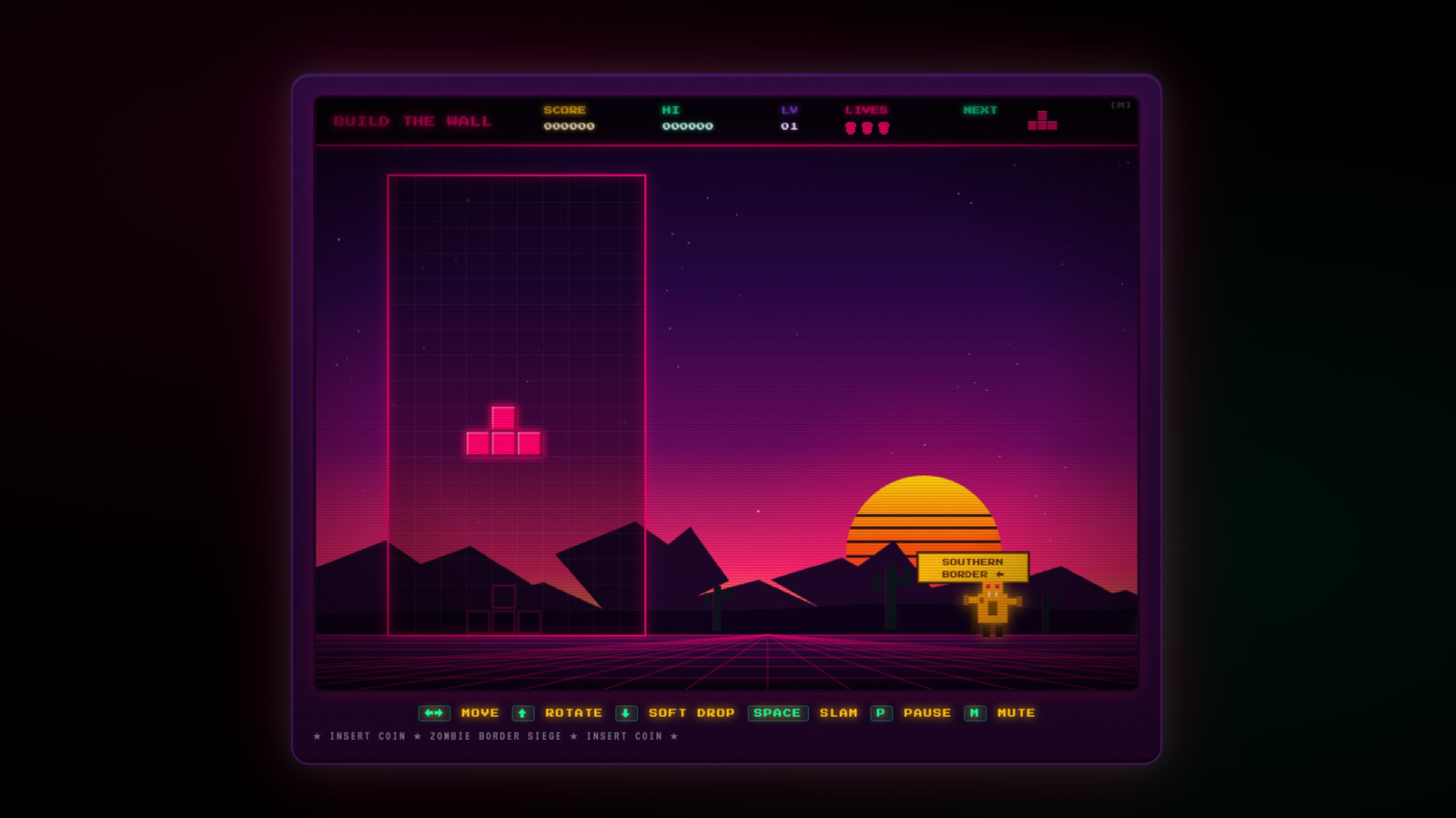 Retro Tetris-style game screen featuring falling blocks, a sunset, mountains, and a Southern Border sign