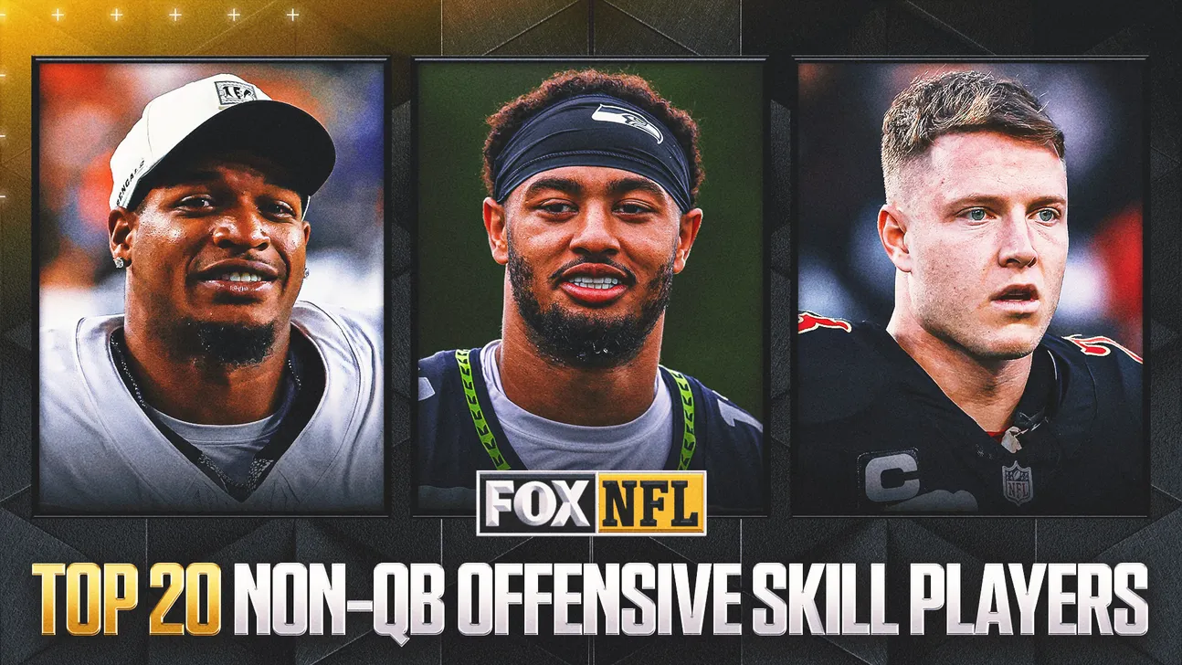 Three football players pictured in framed portraits above a Fox NFL graphic and ranking headline