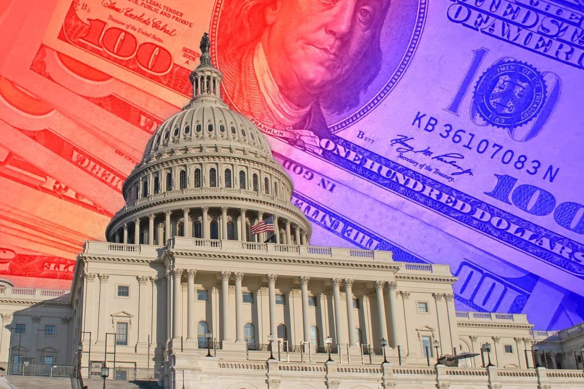 U.S. Capitol dome in foreground overlaid with red and blue images of dollar bills