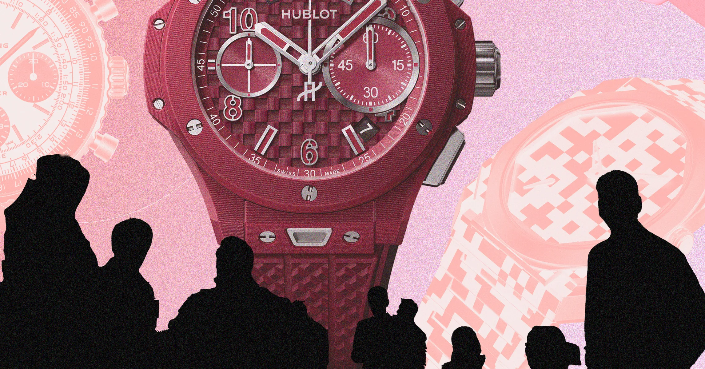Collage featuring a large red luxury chronograph watch and silhouetted people against pink watch imagery