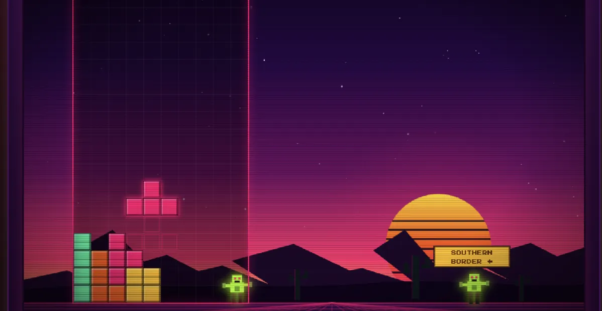 Pixel-art sunset landscape with stacked arcade blocks, green characters, and a Southern Border sign