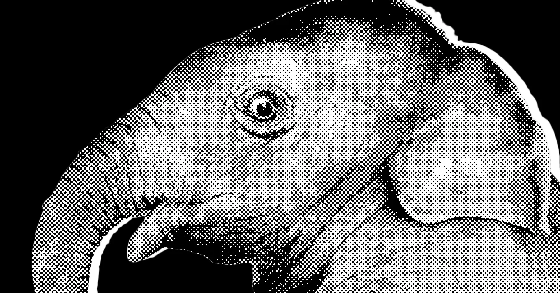 High-contrast black-and-white halftone close-up of a person's face, with one eye visible.