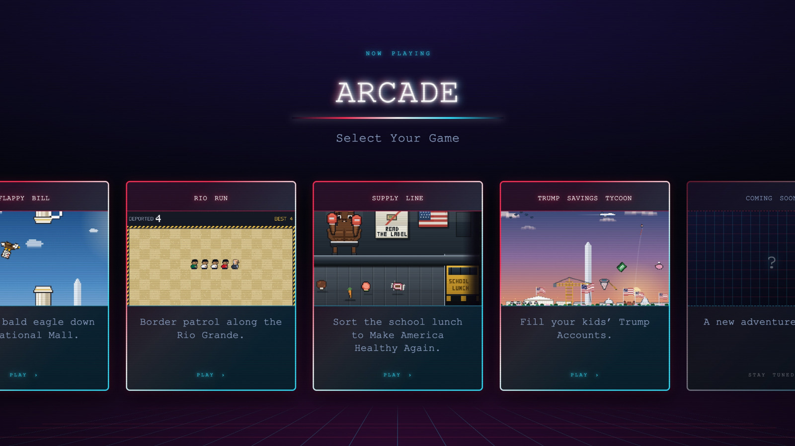 Retro arcade game menu showing pixel-art games, including a border patrol game and Trump-themed savings game.