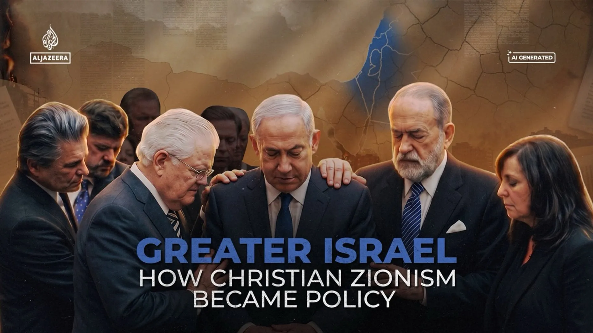 Illustrated group of suited political figures before a cracked map, with “Greater Israel” title text.