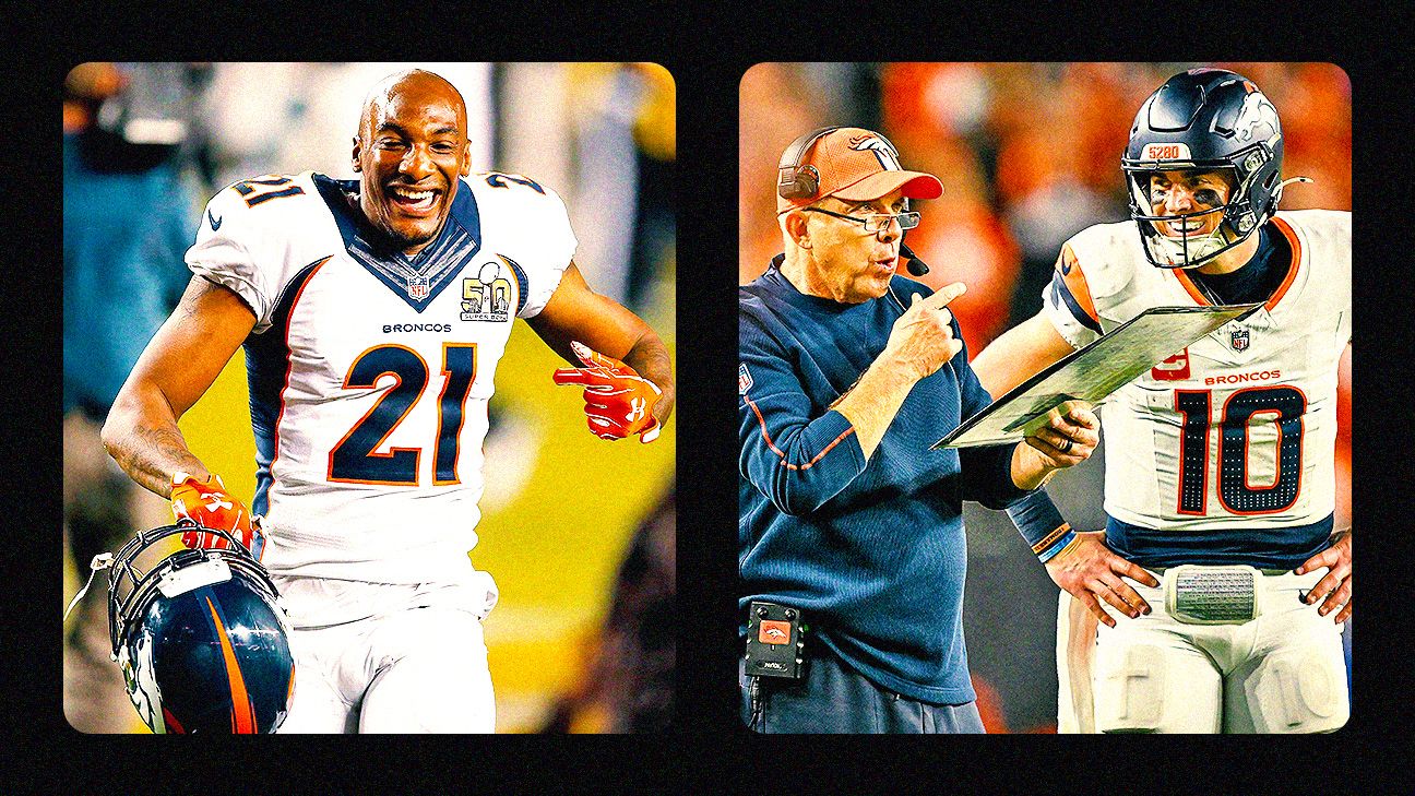 Two Denver Broncos football scenes show a smiling player and a quarterback receiving sideline instructions.