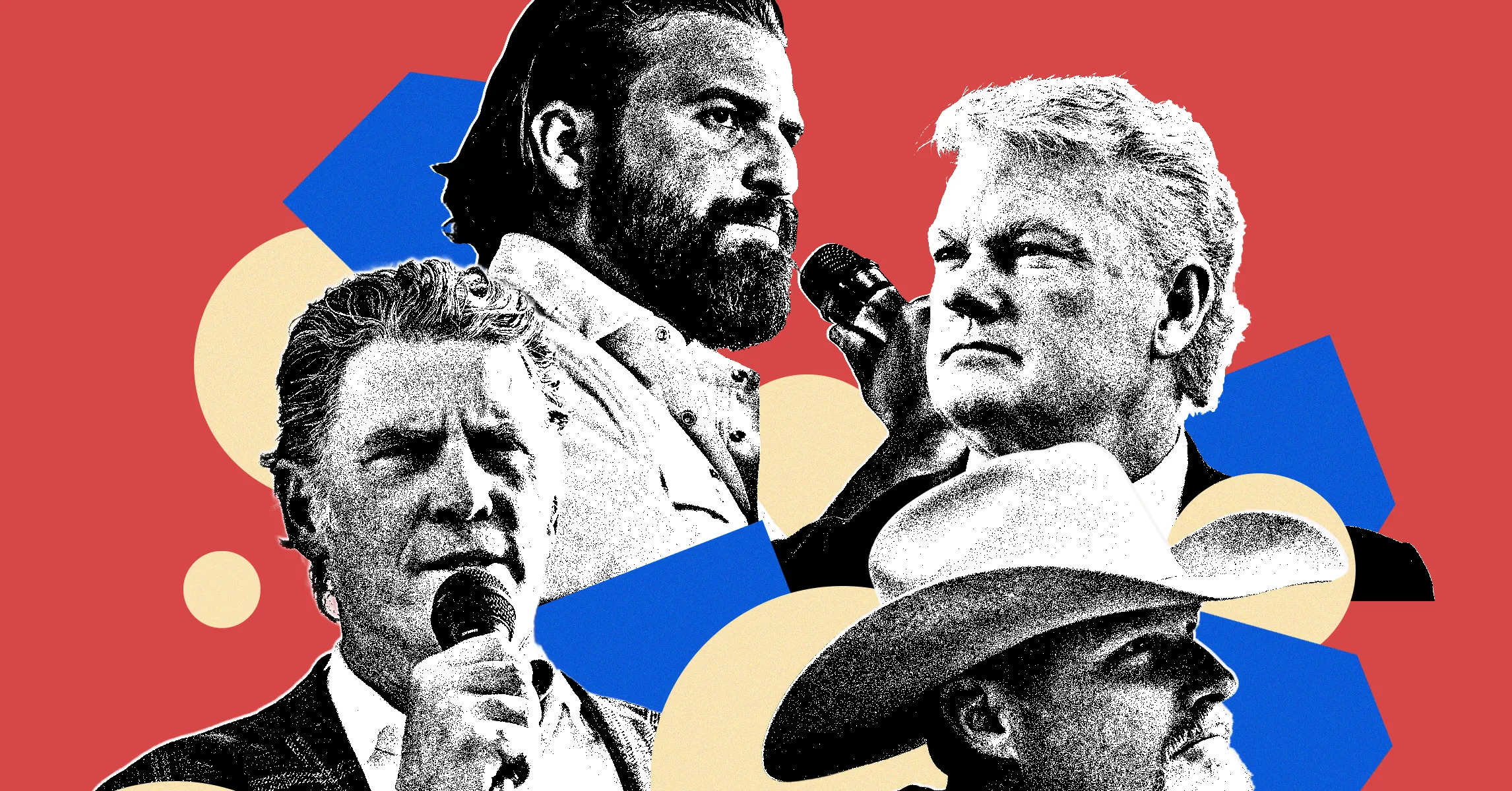 Black-and-white cutout portraits of four men with microphones, arranged over red, blue, and pale yellow shapes.